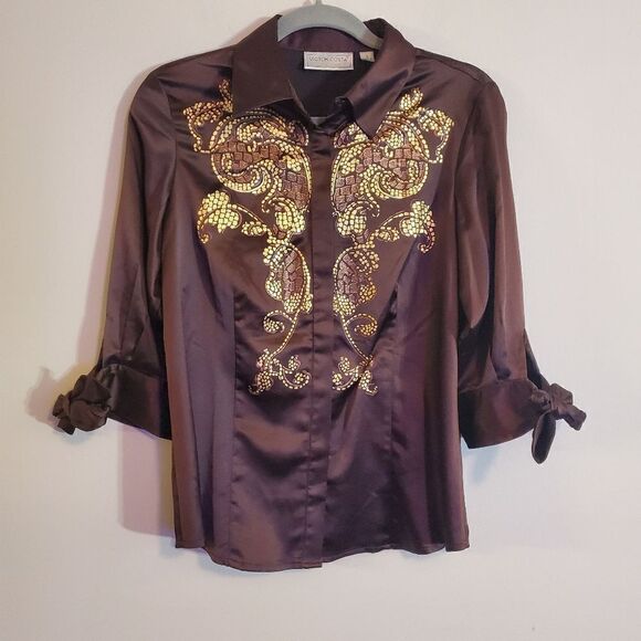 VICTOR COSTA OCCASION BROWN GOLD WESTERN DRESSY 3/4 SLEEVE BUTTON DOWN SMALL - Picture 1 of 5